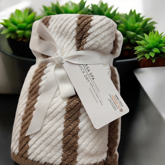 Kassa Spa Quick Dry Set of 2 Cotton Bathroom Striped Hand Towel Brown  White - Picture 1 of 4